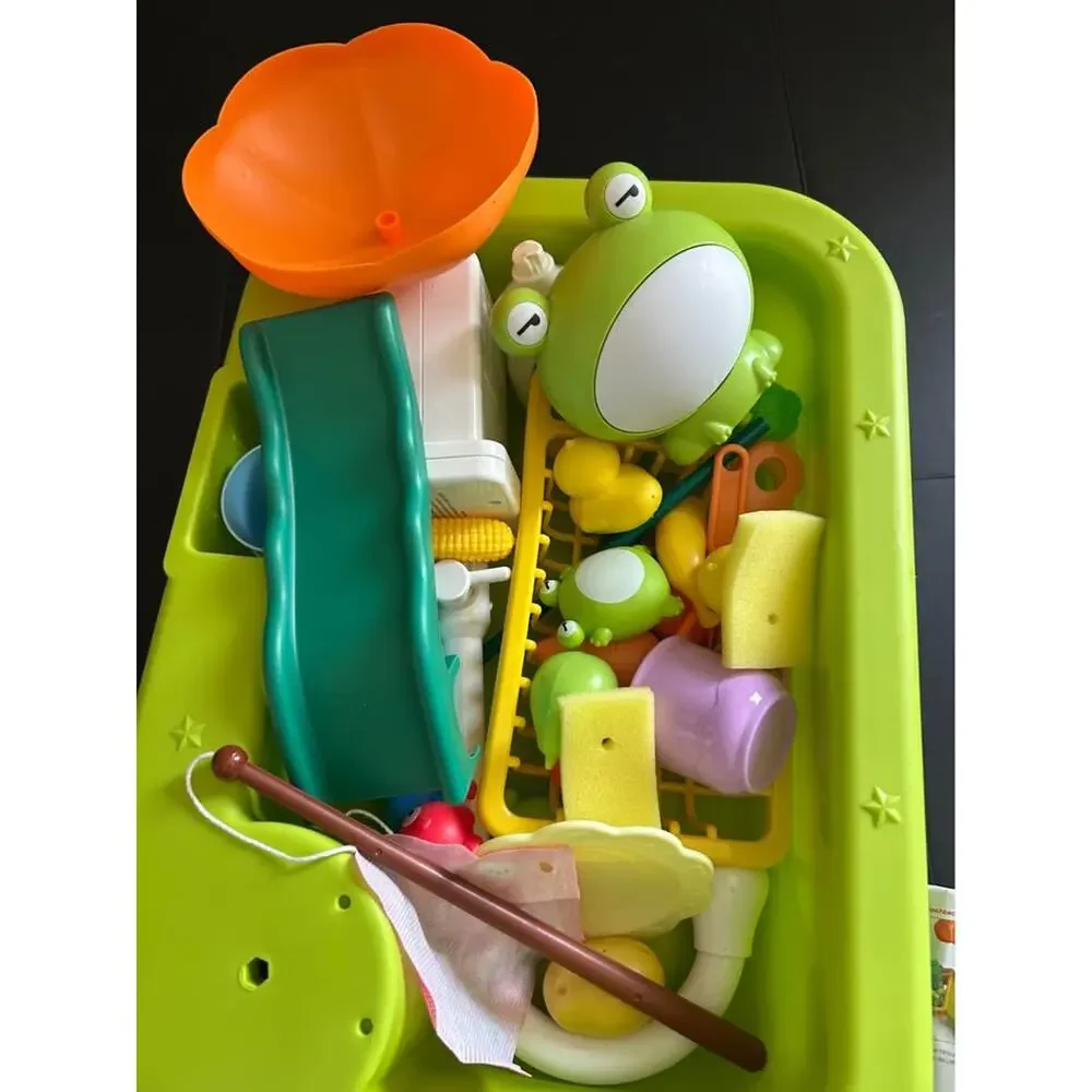 Cute Stone Play Kitchen Sink Toy w/ Running Water Faucet & Fishing Accessories